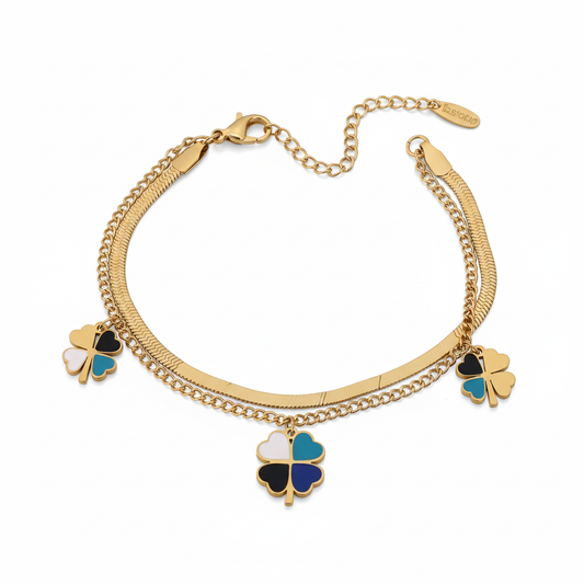 Layered Gold Snake Chain Clover Bracelet