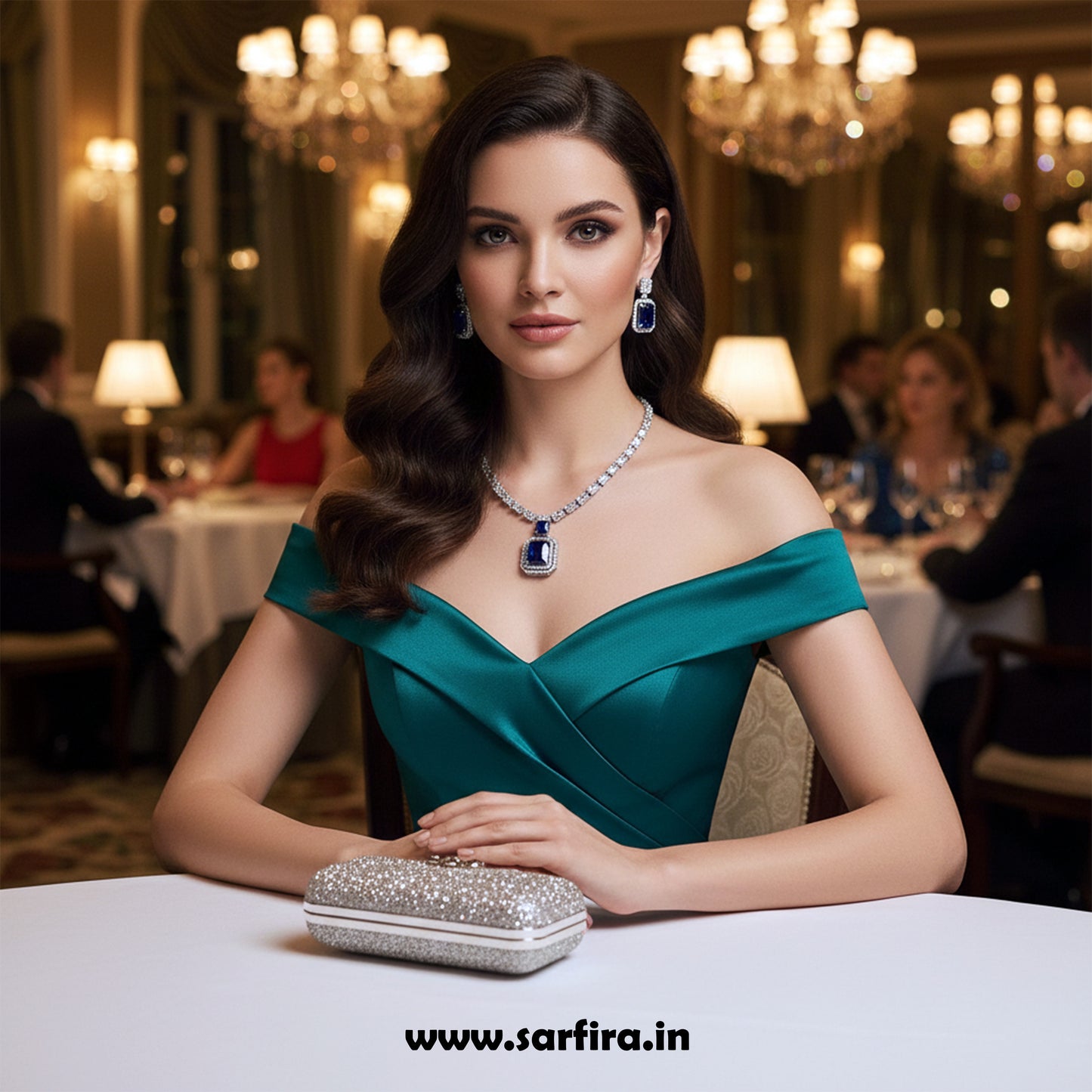 Blue Stone AD Big Drop Statement Necklace