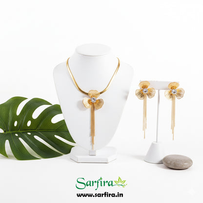 Anti-Tarnish Gold Flower Tassel Necklace & Earring Set