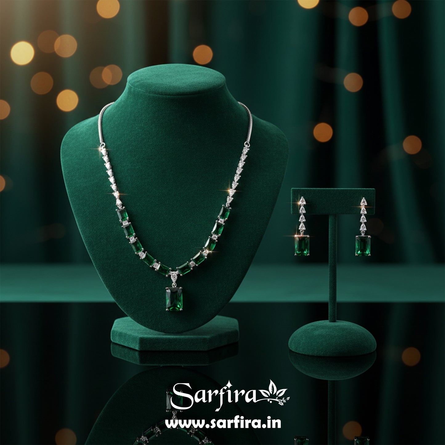 Green Stone AD Rectangle Drop Necklace