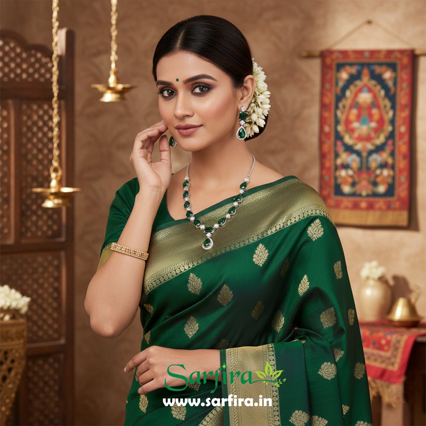 American Diamond Big Drop Wedding Necklace (Green)