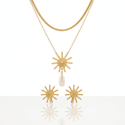 Anti-Tarnish Gold Starburst Pendant & Pearl Drop Set