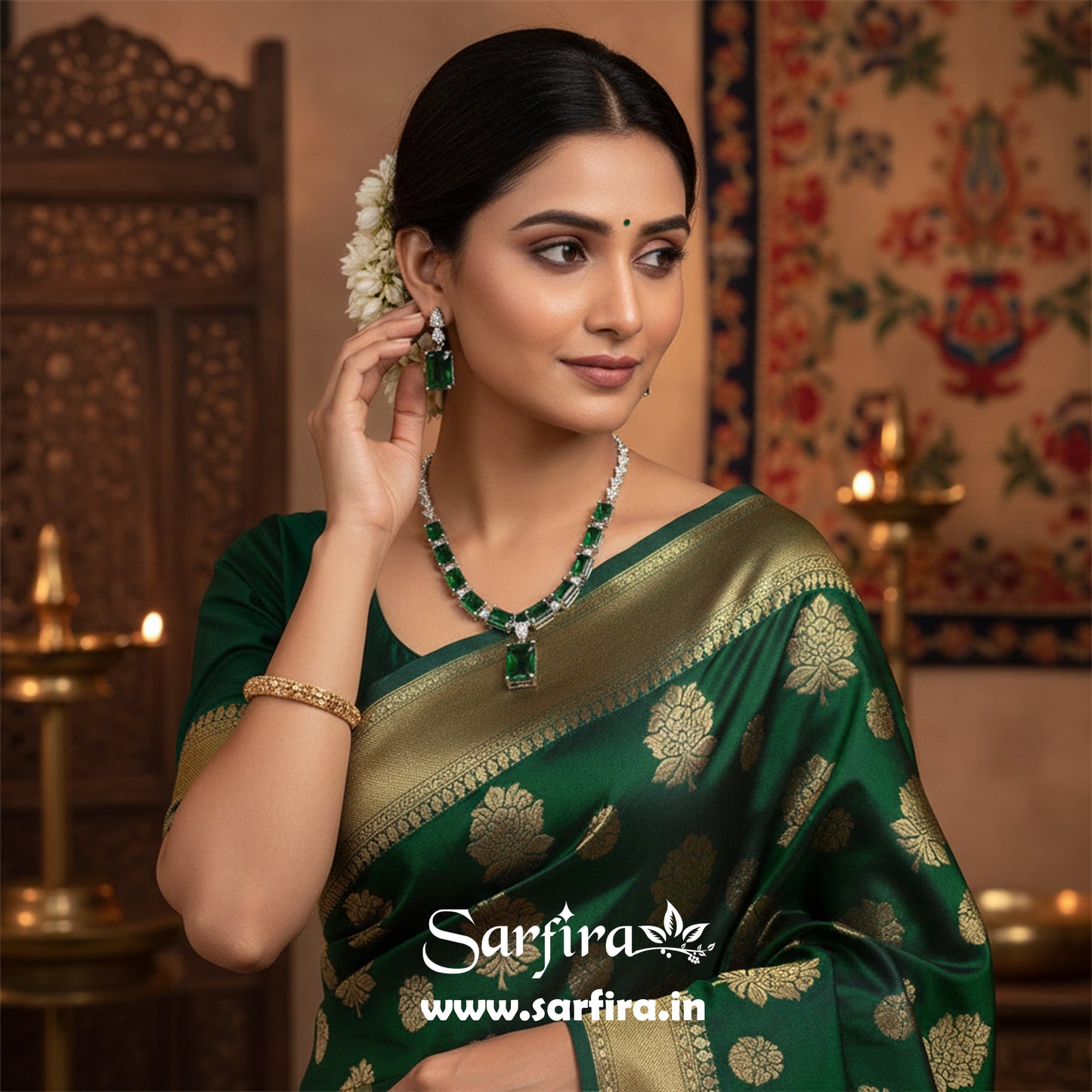 Green Stone AD Rectangle Drop Necklace