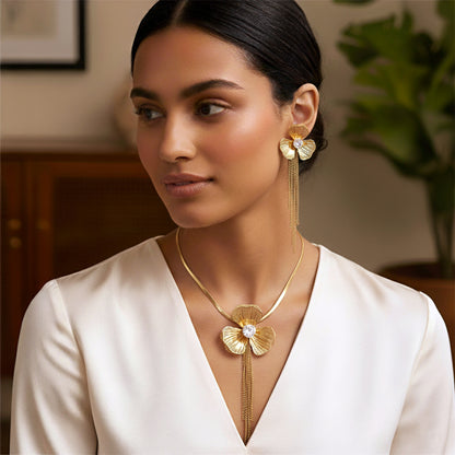 Anti-Tarnish Gold Flower Tassel Necklace & Earring Set