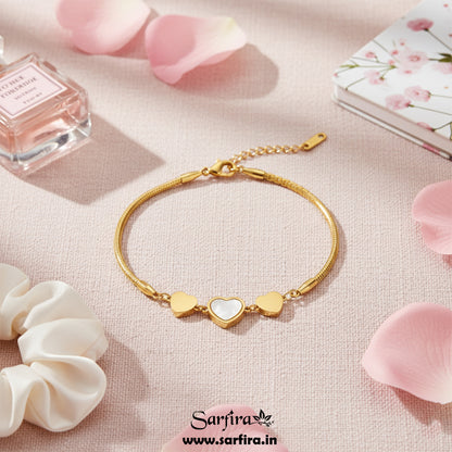 Gold MOP & Triple Heart Snake Chain Bracelet