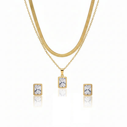 Anti-Tarnish Gold Dual-Layer Necklace & Square Stud Set