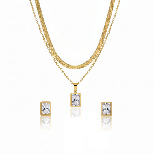Anti-Tarnish Gold Dual-Layer Necklace & Square Stud Set