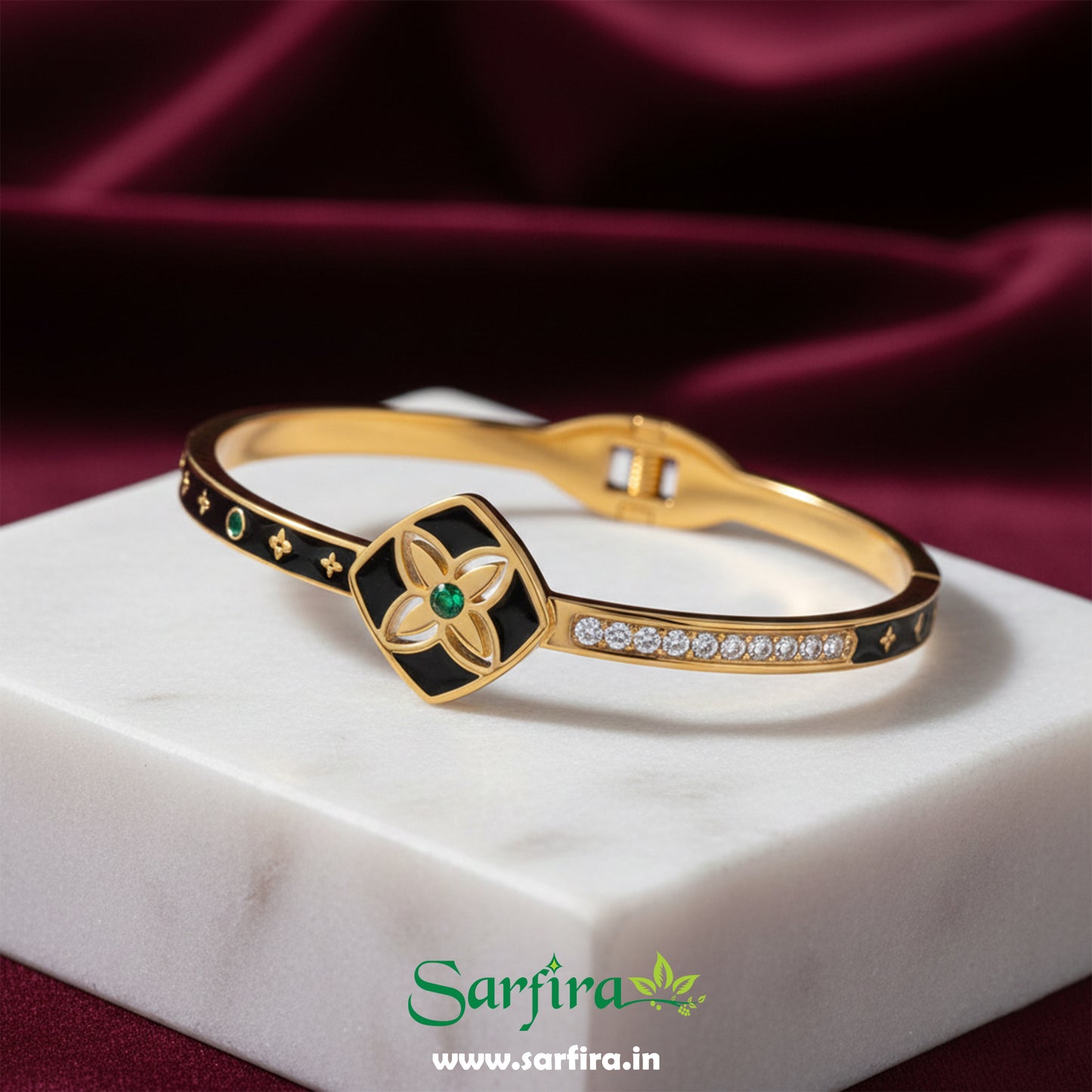 Black Enamel Flower Kada Bracelet