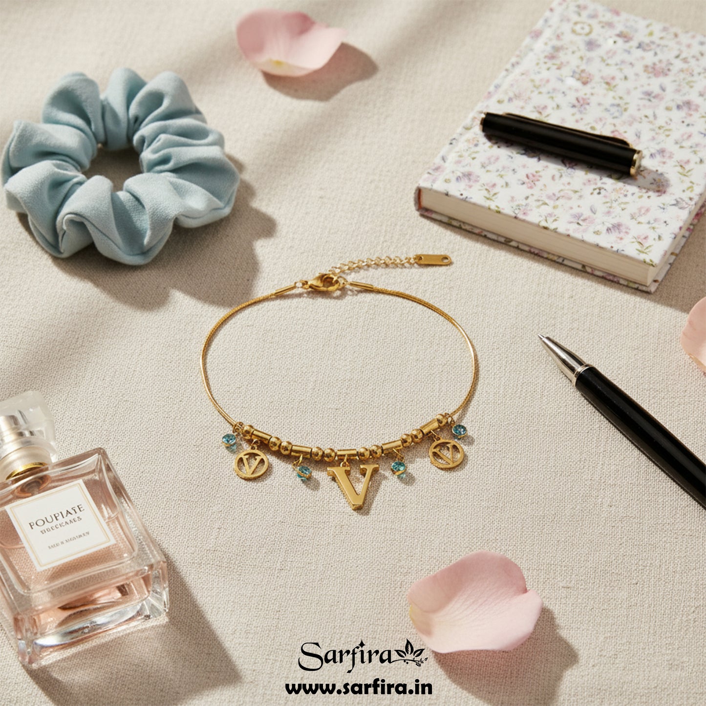 Initial V Charm Beaded Bracelet