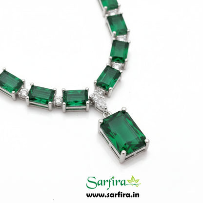 Green Stone AD Rectangle Drop Necklace
