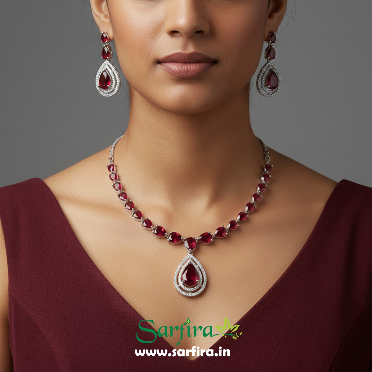 Red Stone Tear Drop Bridal & Party Wear Necklace