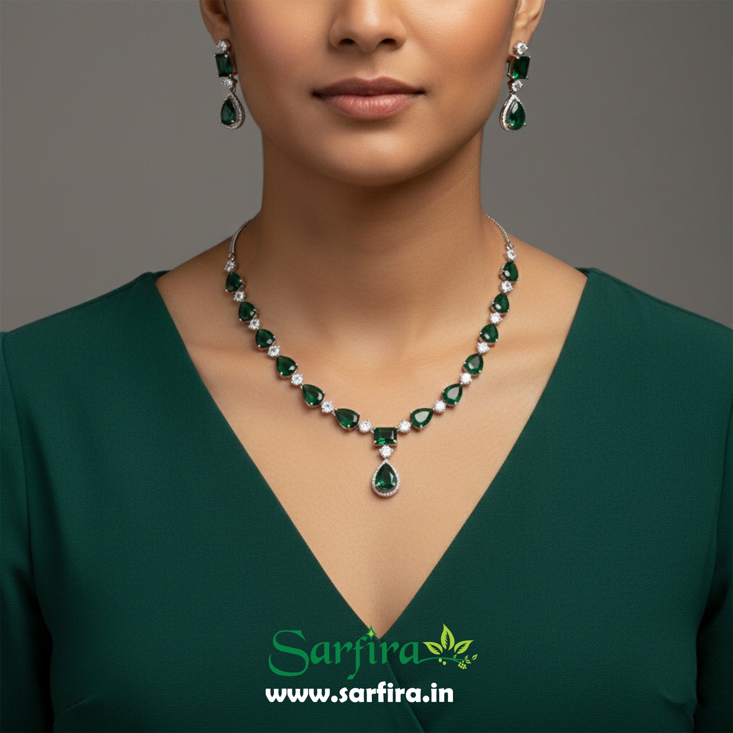 American Diamond Big Drop Wedding Necklace (Green)