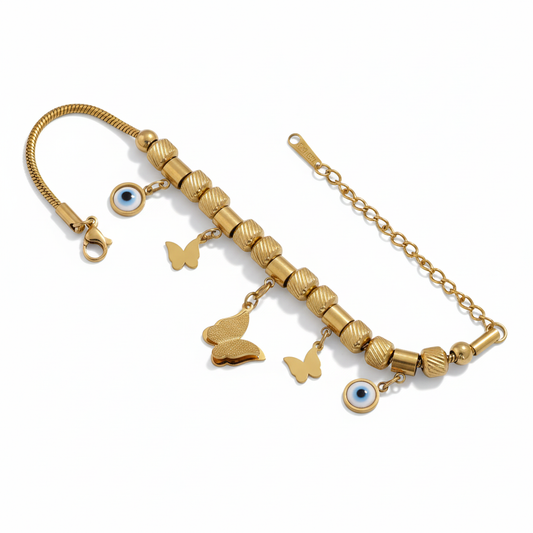 Gold Charm Bracelet with Evil Eye & Butterfly Motifs