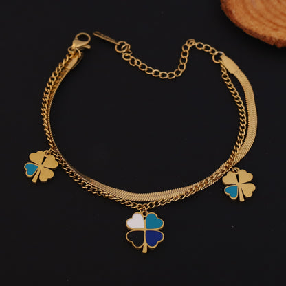 Layered Gold Snake Chain Clover Bracelet