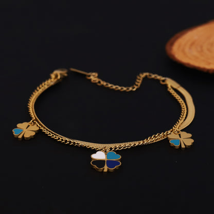 Layered Gold Snake Chain Clover Bracelet