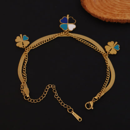Layered Gold Snake Chain Clover Bracelet